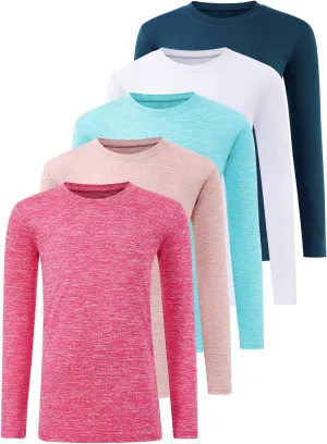5 Pack: Youth Girls Long Sleeve Shirts Dry Fit Athletic T-Shirts Soft Active Performance Tees Tops for Kids Teens
