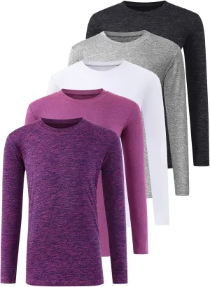 5 Pack: Youth Girls Long Sleeve Shirts Dry Fit Athletic T-Shirts Soft Active Performance Tees Tops for Kids Teens