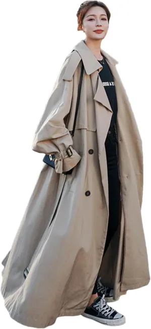 Adhdyuud Women Extra Long Flowy Oversized Casual Trench Coat Belt Double Breasted Loose Overcoat Khaki S