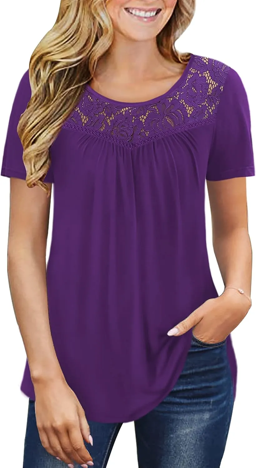Ahlaray Women's Plus Size Summer Tops Short Sleeve Shirts Lace Pleated Tunic Tops Blouses M-4XL