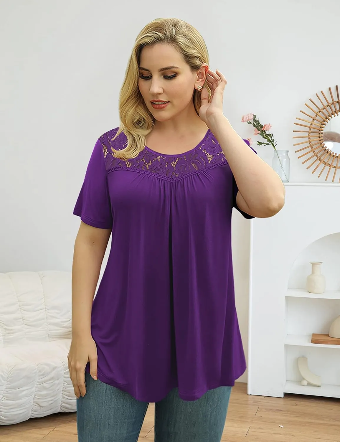 Ahlaray Women's Plus Size Summer Tops Short Sleeve Shirts Lace Pleated Tunic Tops Blouses M-4XL