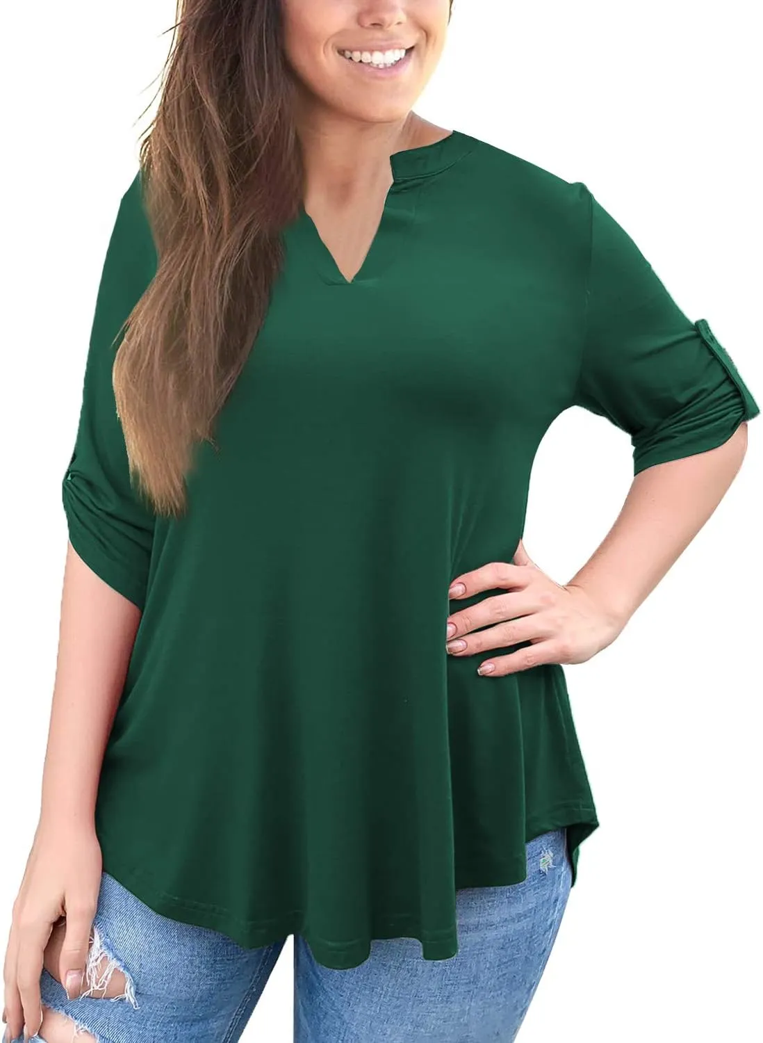 a.Jesdani Women's Plus Size Tops 3/4 Roll Sleeve Shirts V Neck Blouses Tunic Top