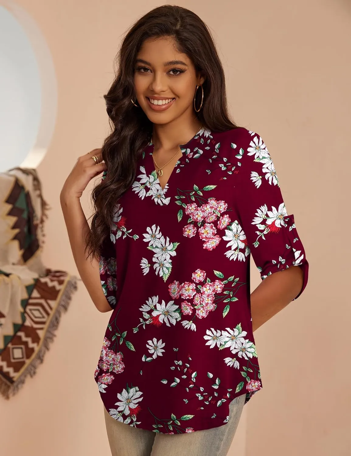 a.Jesdani Women's Plus Size Tops 3/4 Roll Sleeve Shirts V Neck Blouses Tunic Top