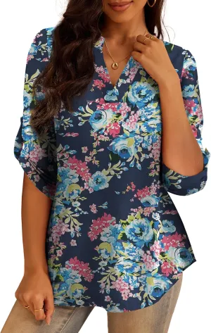 a.Jesdani Women's Plus Size Tops 3/4 Roll Sleeve Shirts V Neck Blouses Tunic Top