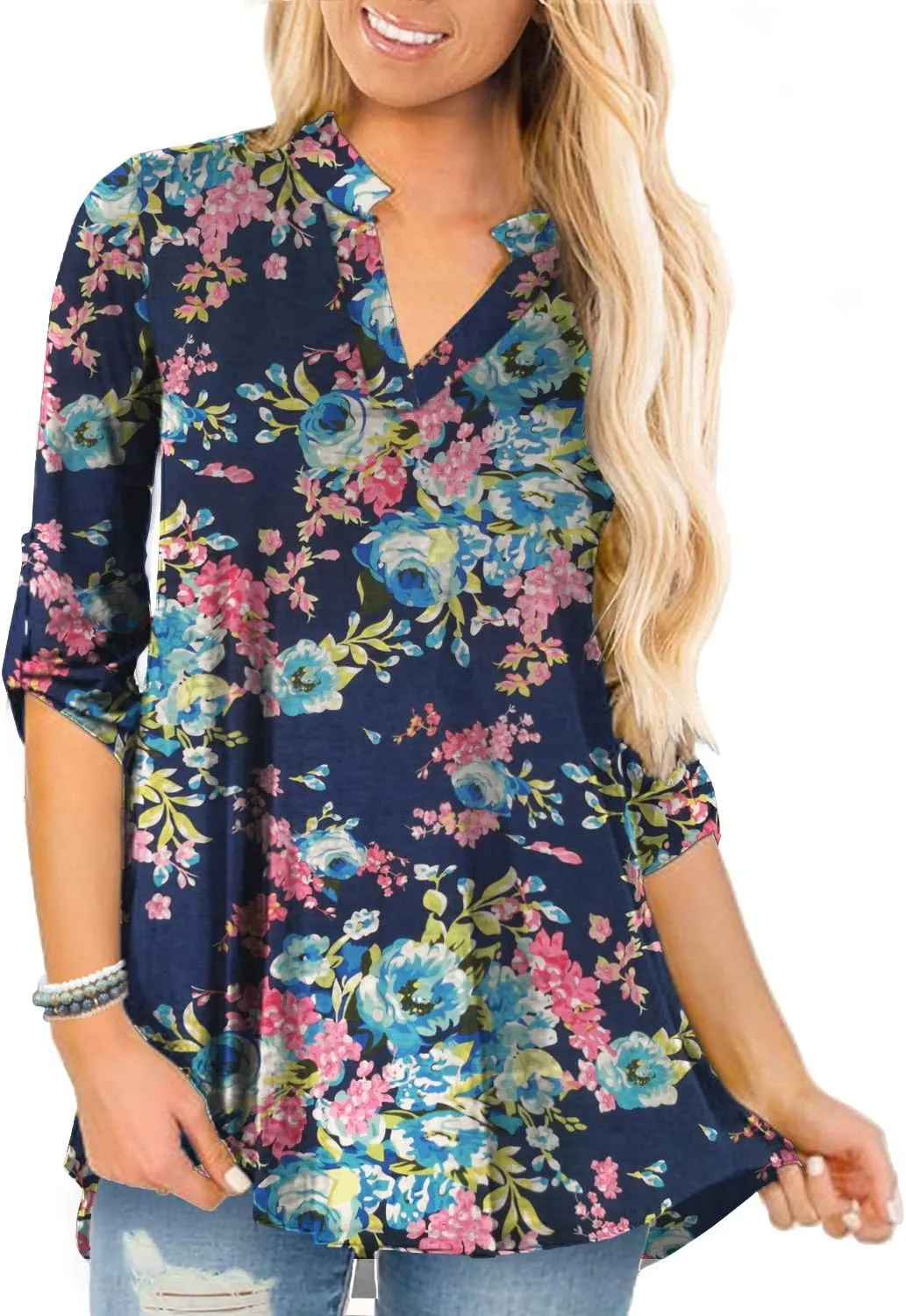 a.Jesdani Women's Plus Size Tops 3/4 Roll Sleeve Shirts V Neck Blouses Tunic Top