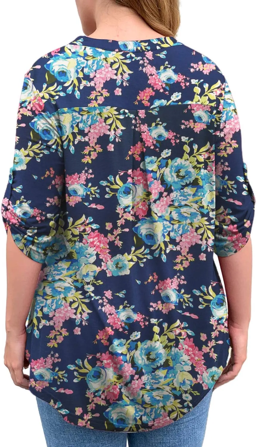 a.Jesdani Women's Plus Size Tops 3/4 Roll Sleeve Shirts V Neck Blouses Tunic Top