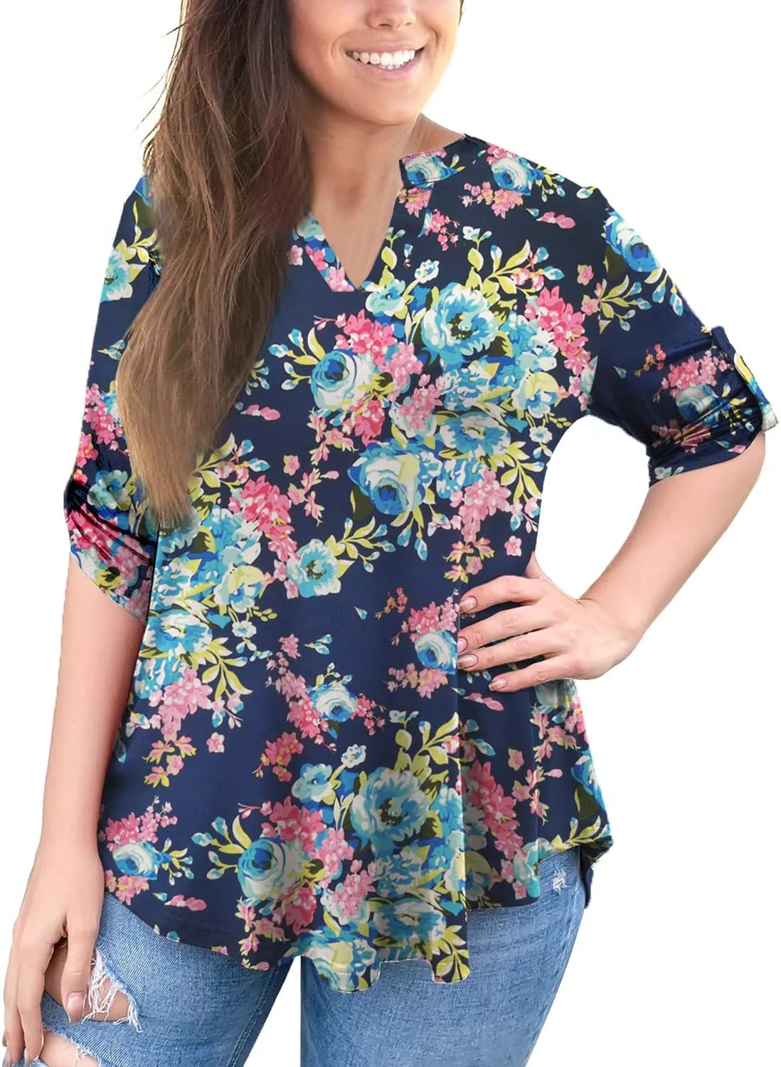 a.Jesdani Women's Plus Size Tops 3/4 Roll Sleeve Shirts V Neck Blouses Tunic Top