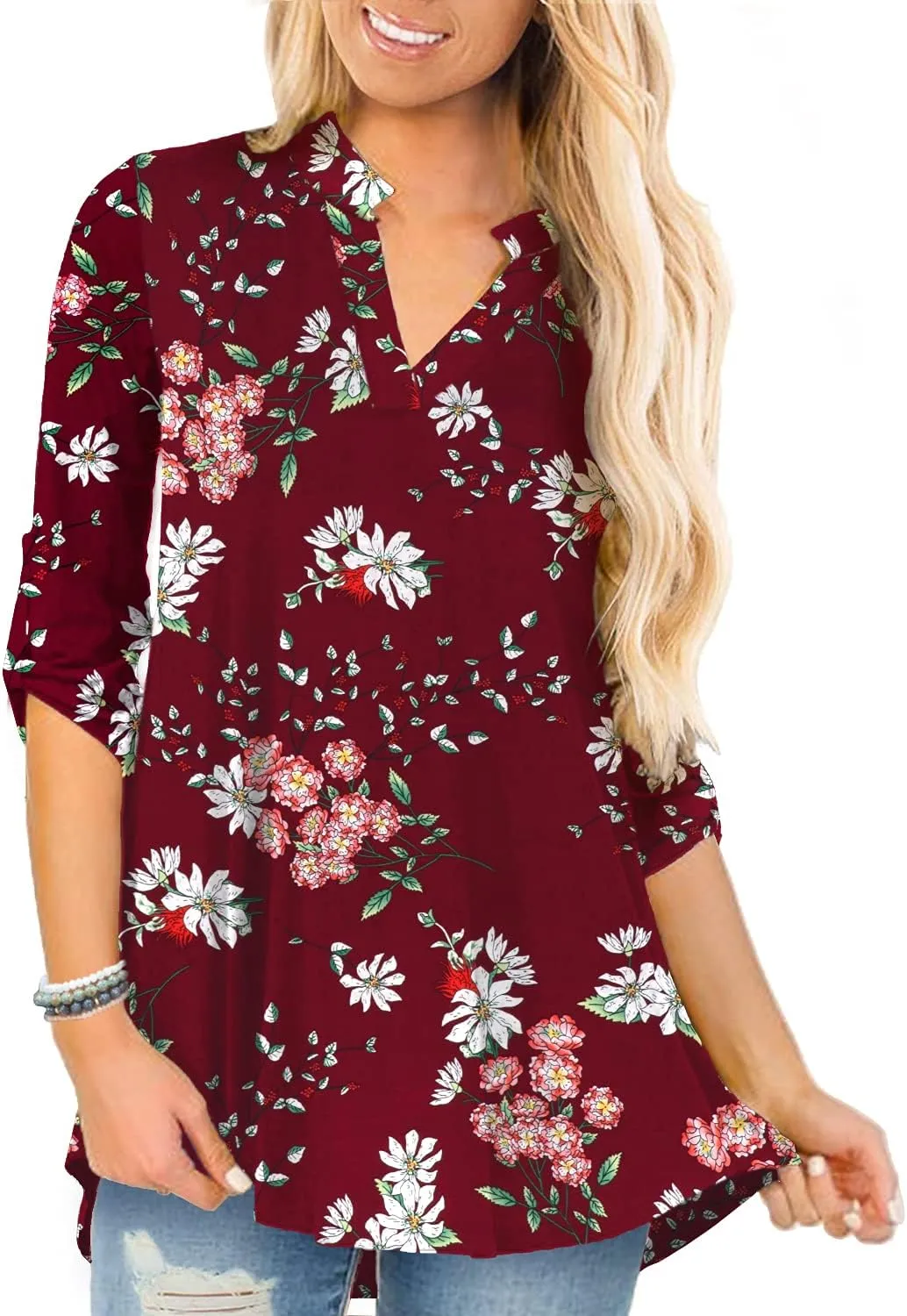 a.Jesdani Women's Plus Size Tops 3/4 Roll Sleeve Shirts V Neck Blouses Tunic Top