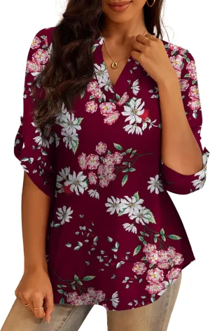 a.Jesdani Women's Plus Size Tops 3/4 Roll Sleeve Shirts V Neck Blouses Tunic Top