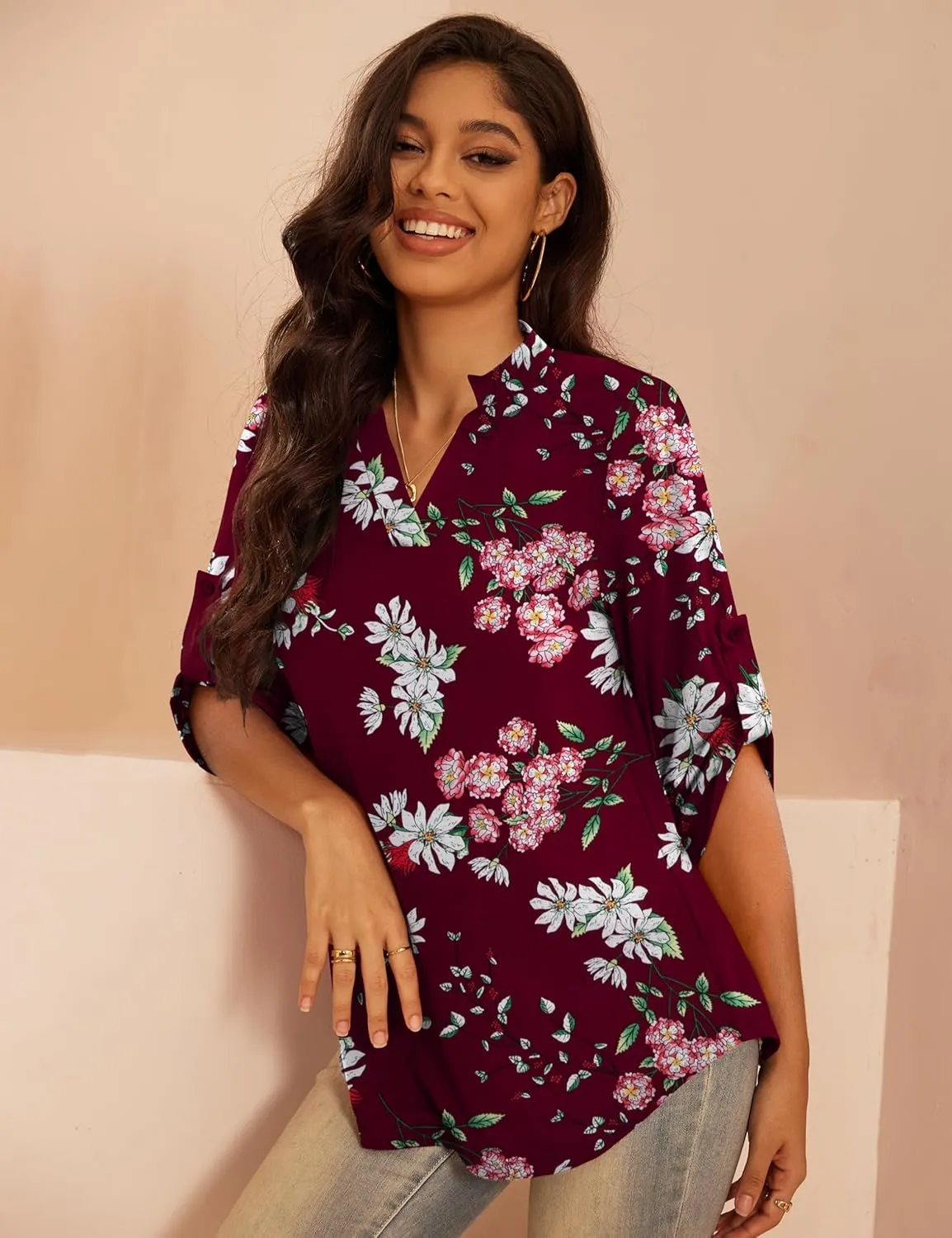 a.Jesdani Women's Plus Size Tops 3/4 Roll Sleeve Shirts V Neck Blouses Tunic Top
