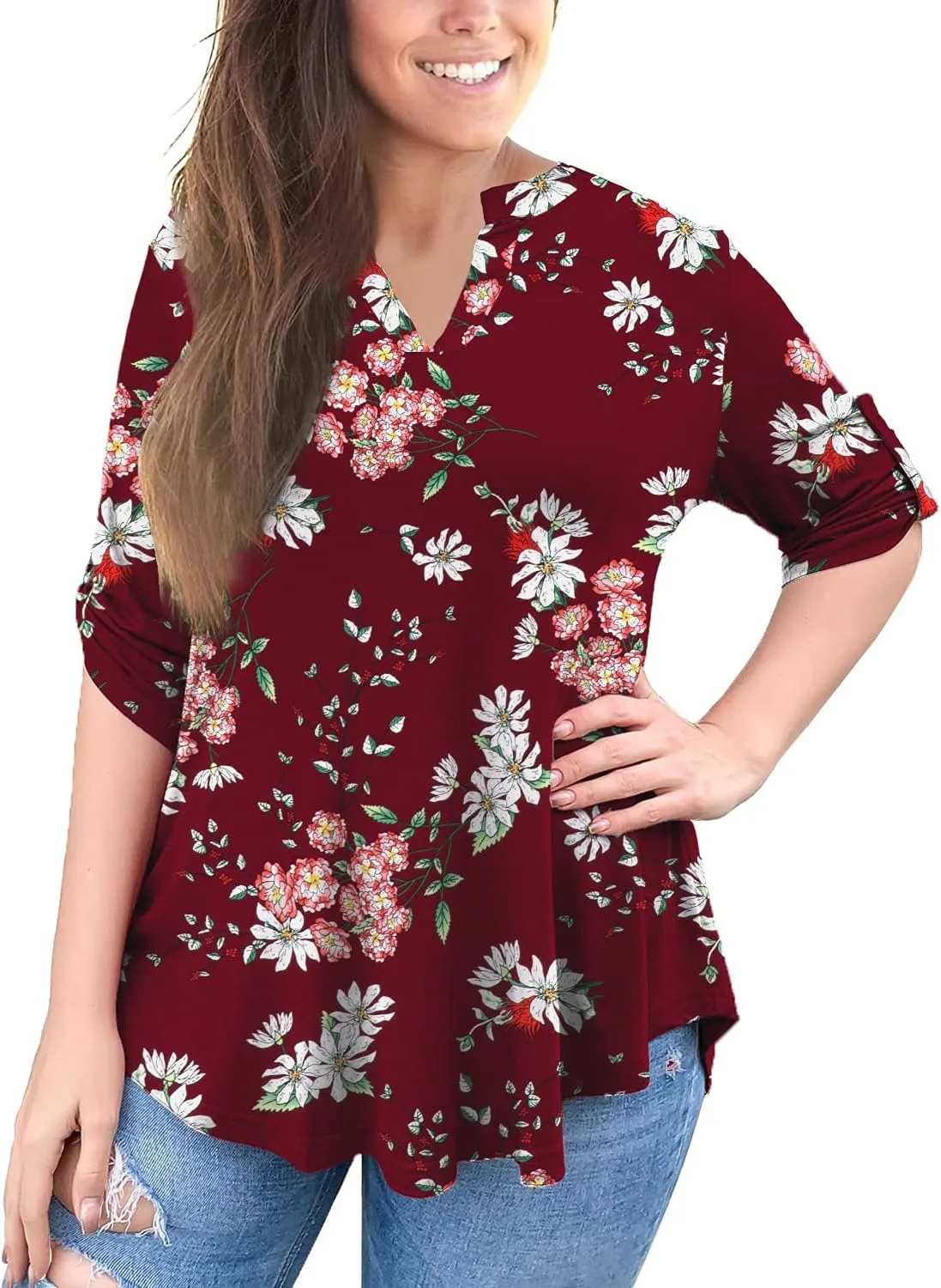 a.Jesdani Women's Plus Size Tops 3/4 Roll Sleeve Shirts V Neck Blouses Tunic Top