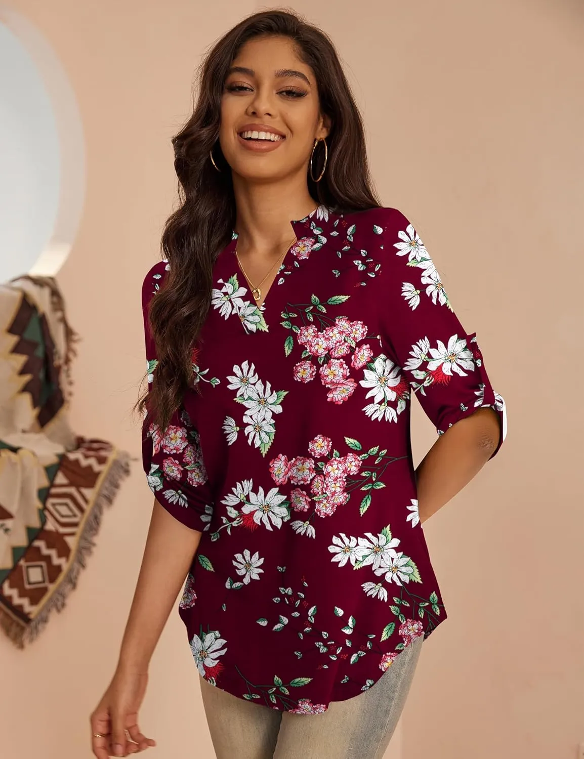 a.Jesdani Women's Plus Size Tops 3/4 Roll Sleeve Shirts V Neck Blouses Tunic Top