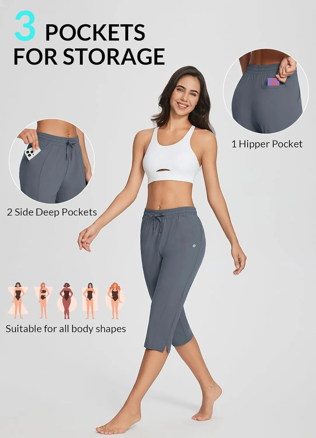 baleaf Women's Yoga Capris Pants with Pockets Lightweight UPF50  Drawstring Waist Petite Athletic Sweatpants Casual Summer