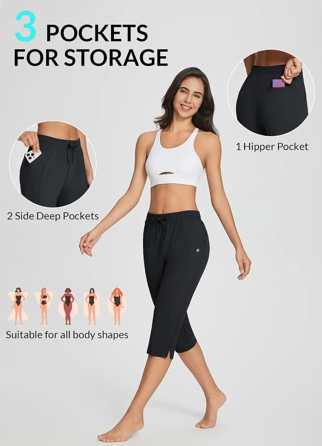 baleaf Women's Yoga Capris Pants with Pockets Lightweight UPF50  Drawstring Waist Petite Athletic Sweatpants Casual Summer