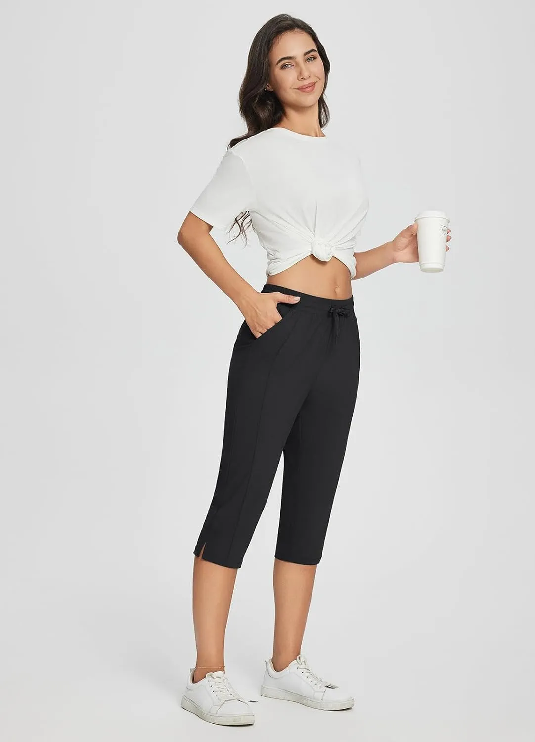 baleaf Women's Yoga Capris Pants with Pockets Lightweight UPF50  Drawstring Waist Petite Athletic Sweatpants Casual Summer