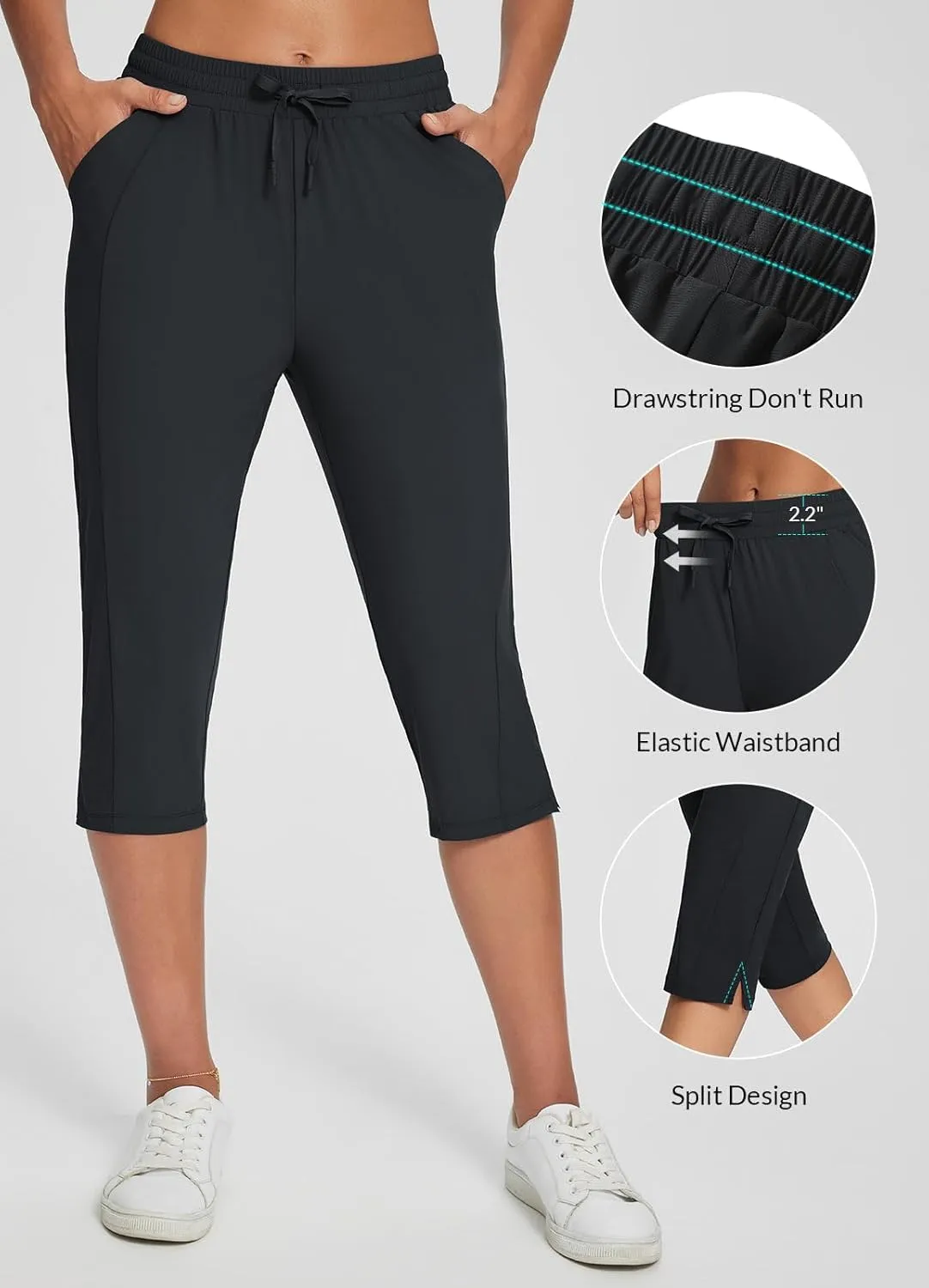 baleaf Women's Yoga Capris Pants with Pockets Lightweight UPF50  Drawstring Waist Petite Athletic Sweatpants Casual Summer