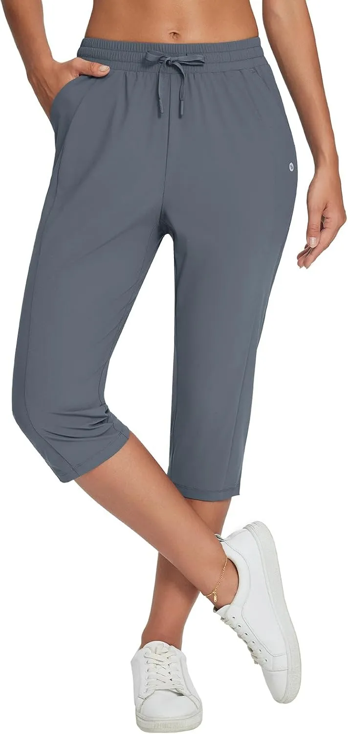 baleaf Women's Yoga Capris Pants with Pockets Lightweight UPF50  Drawstring Waist Petite Athletic Sweatpants Casual Summer