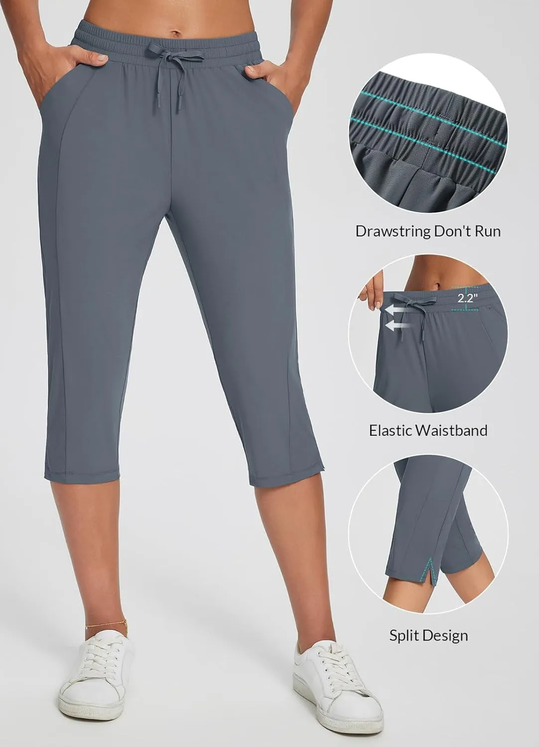 baleaf Women's Yoga Capris Pants with Pockets Lightweight UPF50  Drawstring Waist Petite Athletic Sweatpants Casual Summer