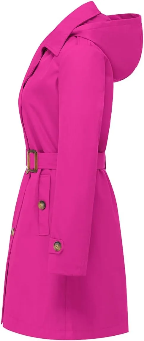 Chrisuno Women's Double Breasted Long Trench Coats Mid-Length Belted Overcoat Dress Jacket with Detachable Hood