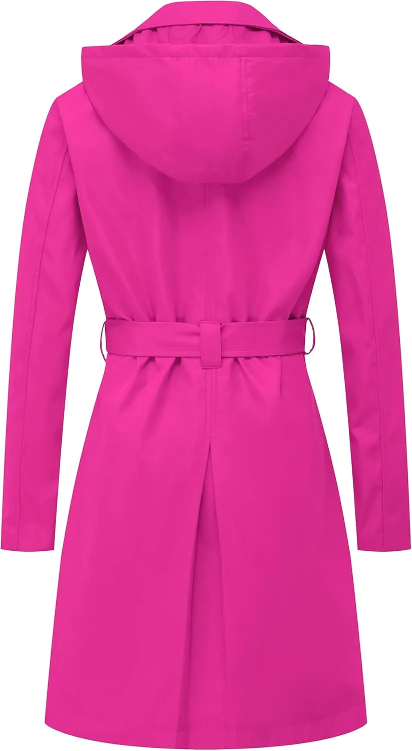 Chrisuno Women's Double Breasted Long Trench Coats Mid-Length Belted Overcoat Dress Jacket with Detachable Hood