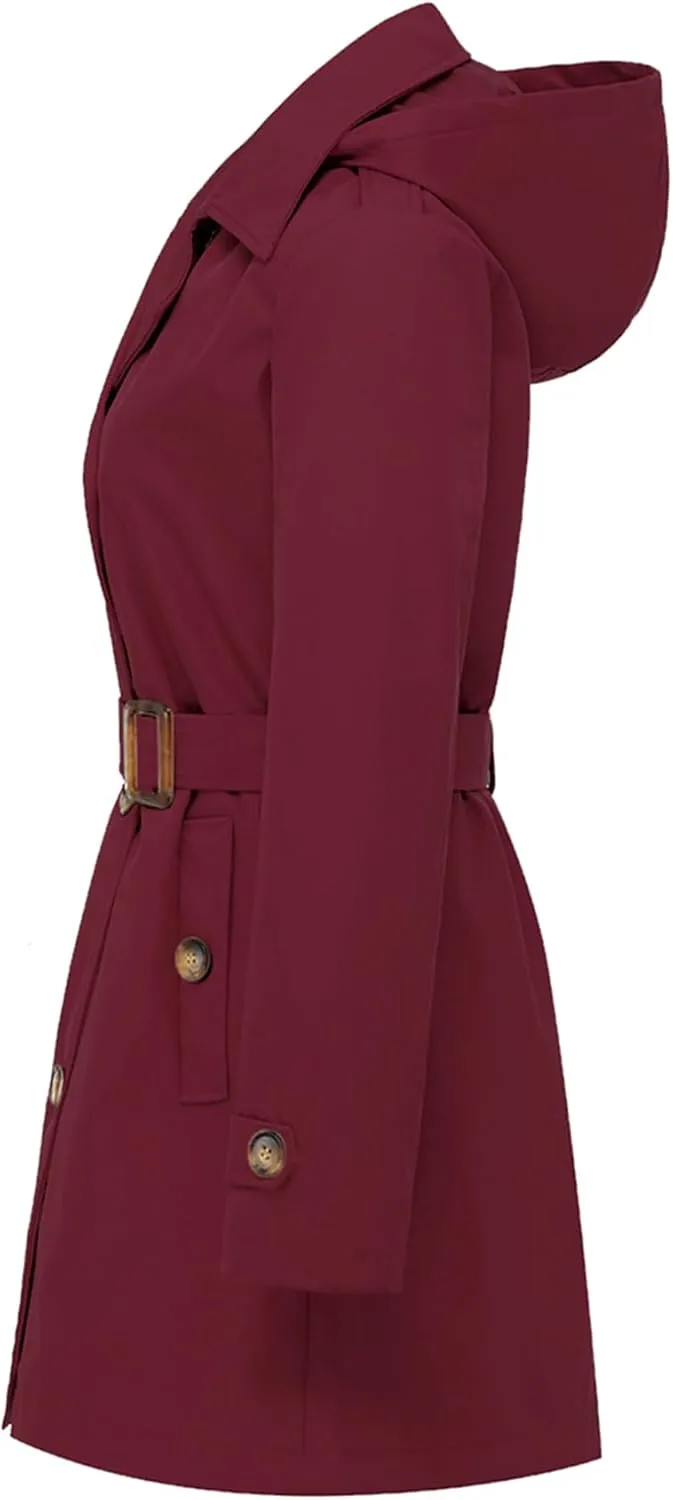 Chrisuno Women's Double Breasted Trench Coats Mid-Length Belted Overcoat Long Dress Jacket with Detachable Hood