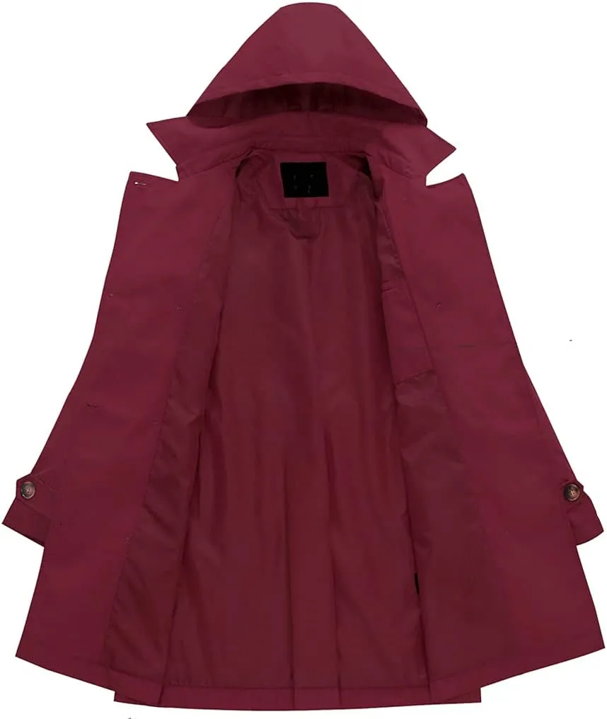 Chrisuno Women's Double Breasted Trench Coats Mid-Length Belted Overcoat Long Dress Jacket with Detachable Hood