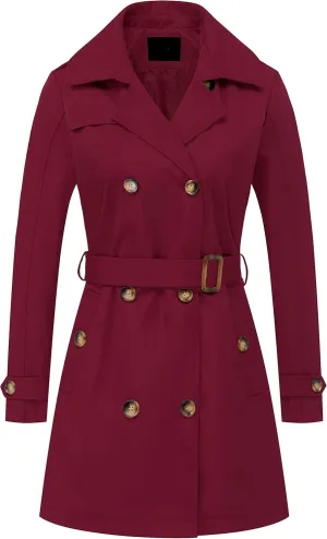 Chrisuno Women's Double Breasted Trench Coats Mid-Length Belted Overcoat Long Dress Jacket with Detachable Hood