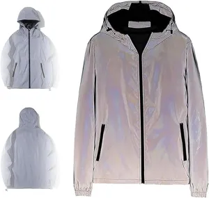 Chromashift Reflective Windbreake, Fashion Reflective Windbreaker Full Zip Waterproof Windproof with Hood Night Rides