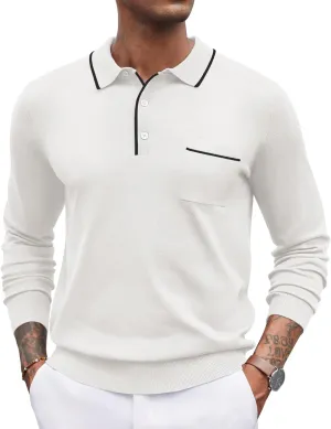 COOFANDY Mens Knit Polo Long Sleeve Collared Sweater Polo Business Casual Polos with Pocket