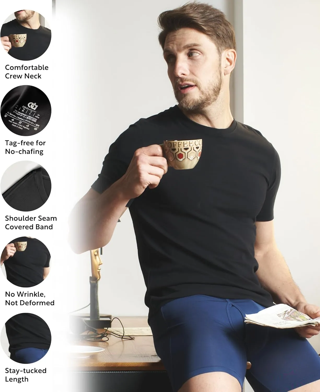 DAVID ARCHY Men's Undershirts Micro Modal Ultra Soft T-Shirts Stretch Moisture-Wicking Crewneck/V-Neck Tees for Men, 3-Pack
