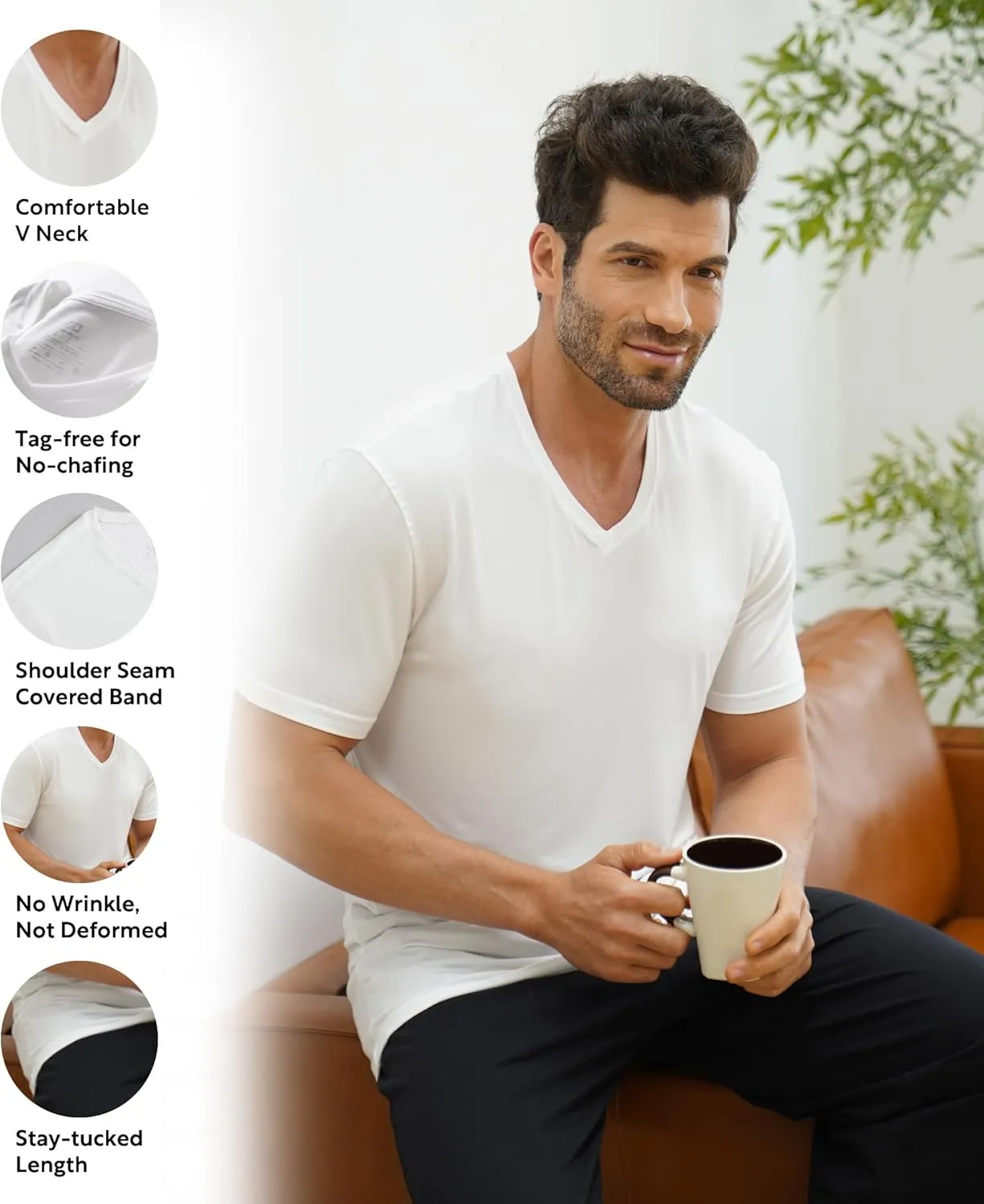DAVID ARCHY Men's Undershirts Micro Modal Ultra Soft T-Shirts Stretch Moisture-Wicking Crewneck/V-Neck Tees for Men, 3-Pack