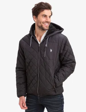 DIAMOND QUILTED FLEECE LINED HOODED COAT