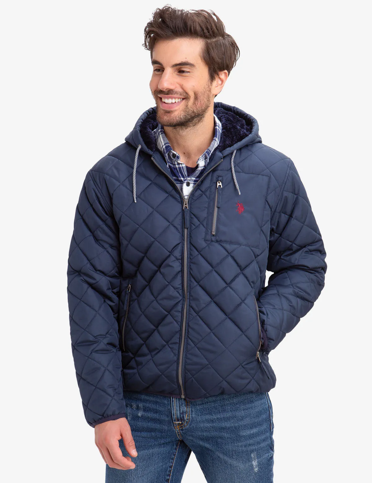 DIAMOND QUILTED FLEECE LINED HOODED COAT