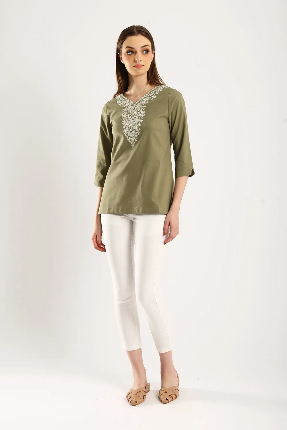 Embroidered V-neck Linen Blouse in Olive Green