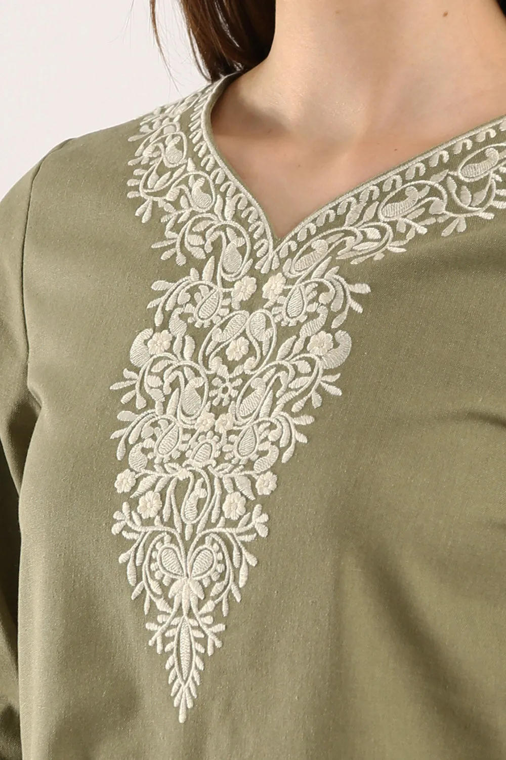Embroidered V-neck Linen Blouse in Olive Green