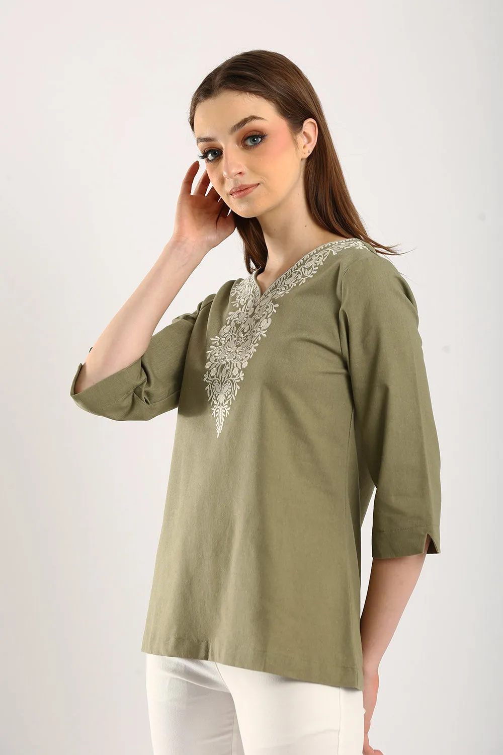 Embroidered V-neck Linen Blouse in Olive Green
