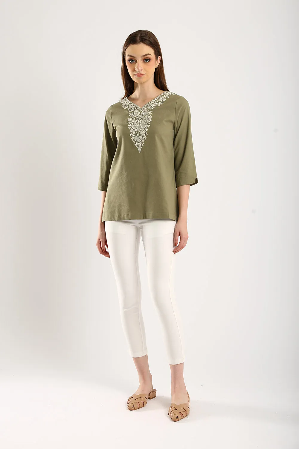 Embroidered V-neck Linen Blouse in Olive Green