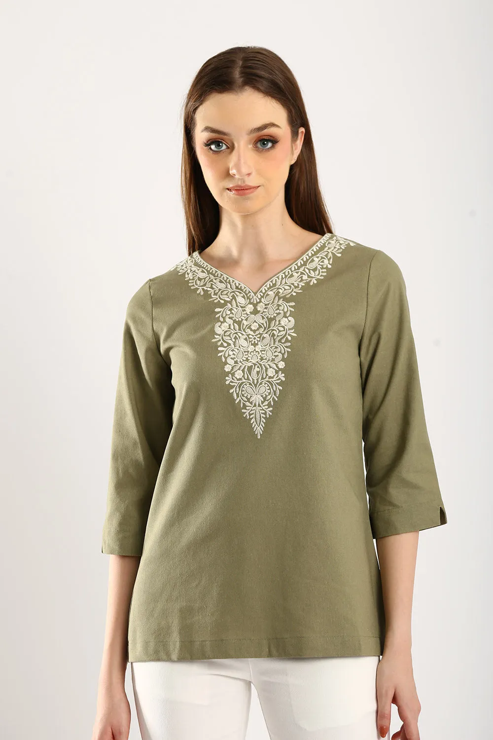 Embroidered V-neck Linen Blouse in Olive Green