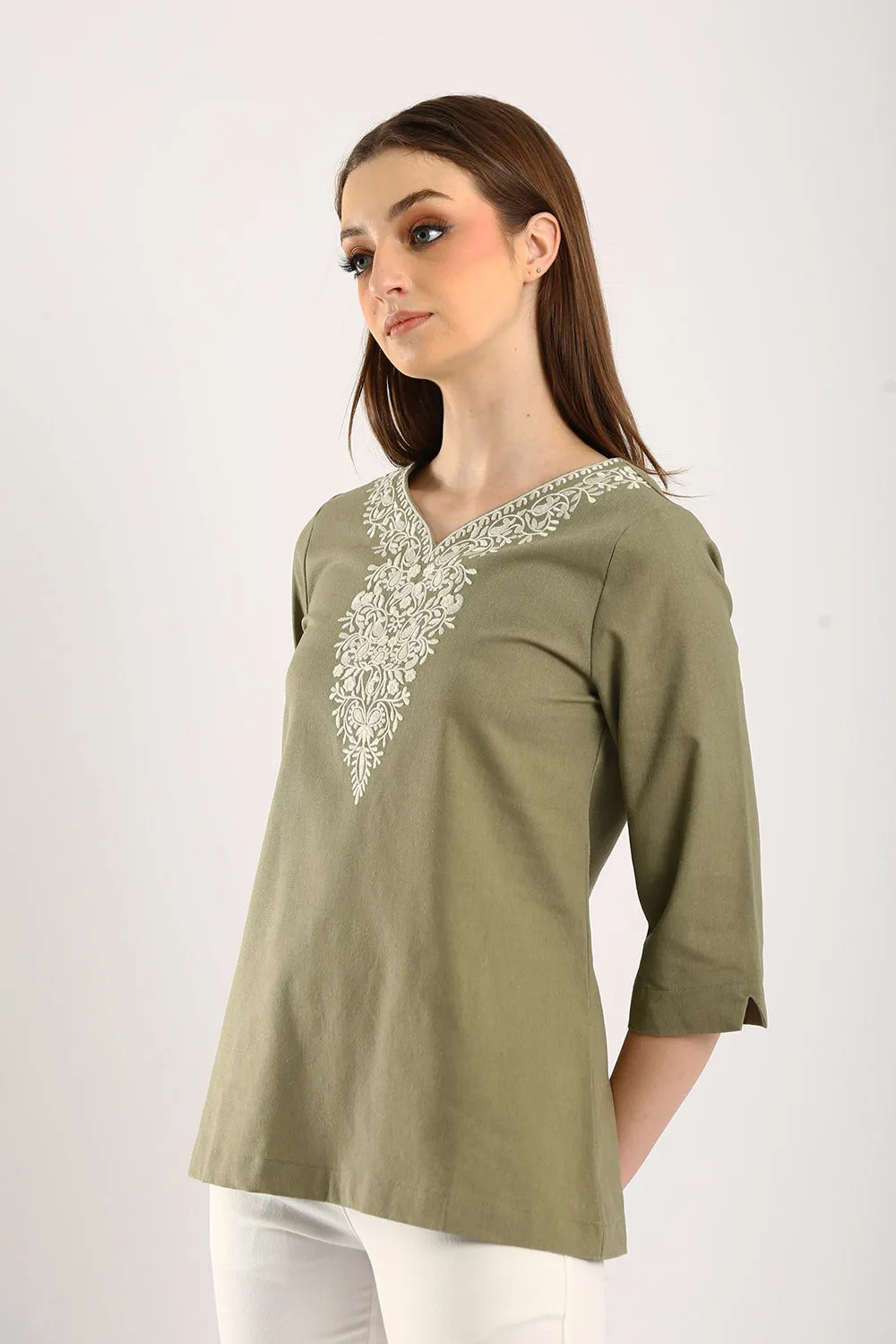 Embroidered V-neck Linen Blouse in Olive Green