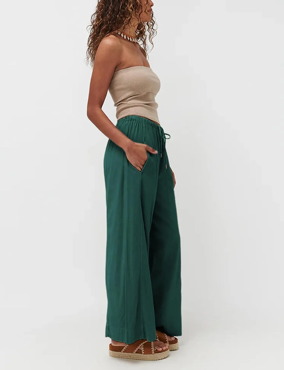 Faleave Women's Linen Palazzo Pants Summer Wide Leg High Waist Casual Lounge Pant Trousers with Pocket