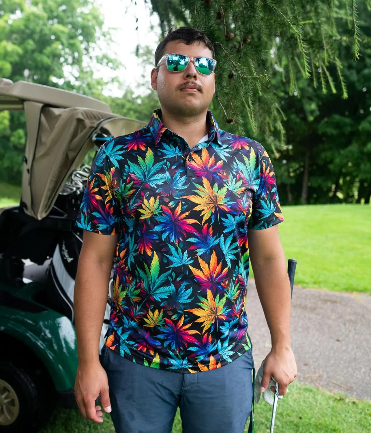 Fun Golf Shirts for Men- Mens Performance Dry-Fit Golf Polo  UPF 50  Sun Protection Funny Hawaiian Print Short Sleeve Shirt