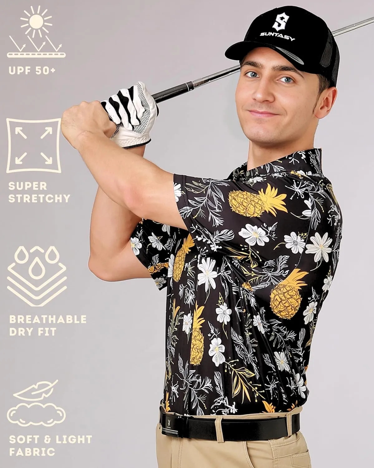 Fun Golf Shirts for Men- Mens Performance Dry-Fit Golf Polo  UPF 50  Sun Protection Funny Hawaiian Print Short Sleeve Shirt
