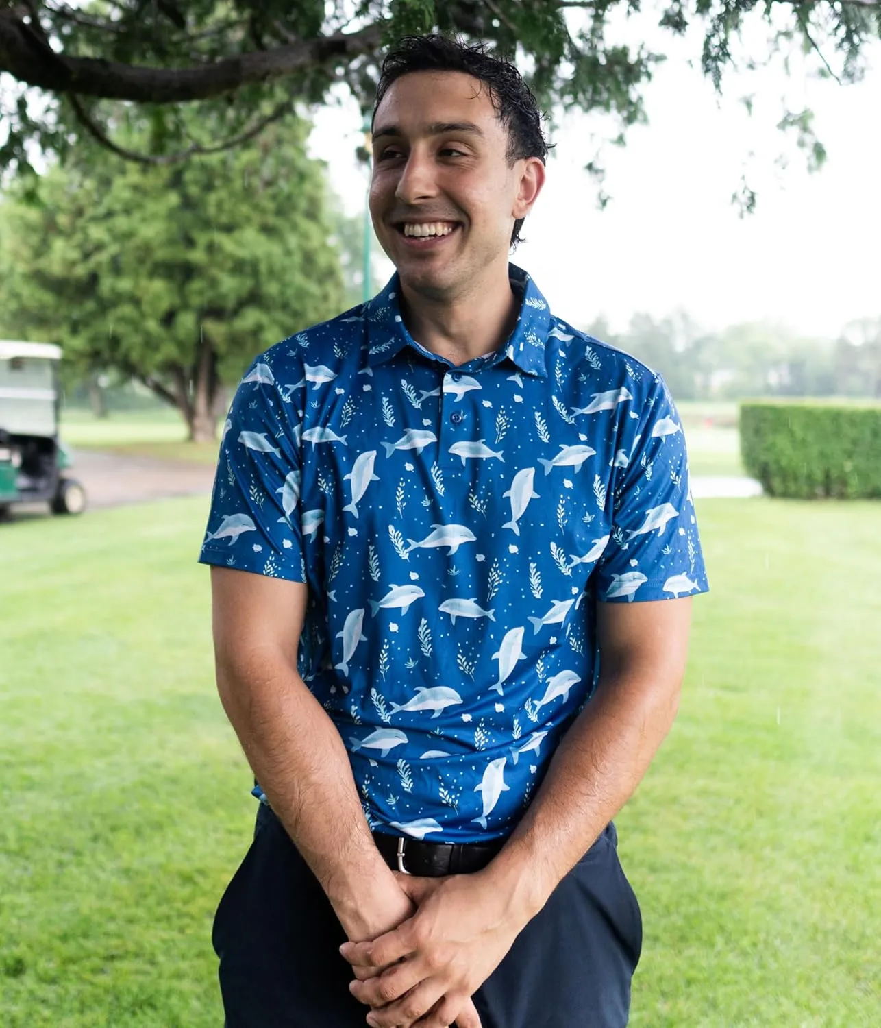 Fun Golf Shirts for Men- Mens Performance Dry-Fit Golf Polo  UPF 50  Sun Protection Funny Hawaiian Print Short Sleeve Shirt