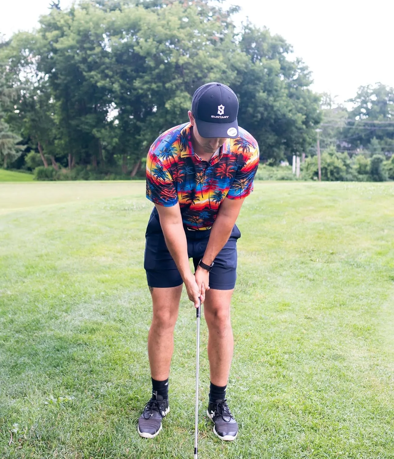 Fun Golf Shirts for Men- Mens Performance Dry-Fit Golf Polo  UPF 50  Sun Protection Funny Hawaiian Print Short Sleeve Shirt