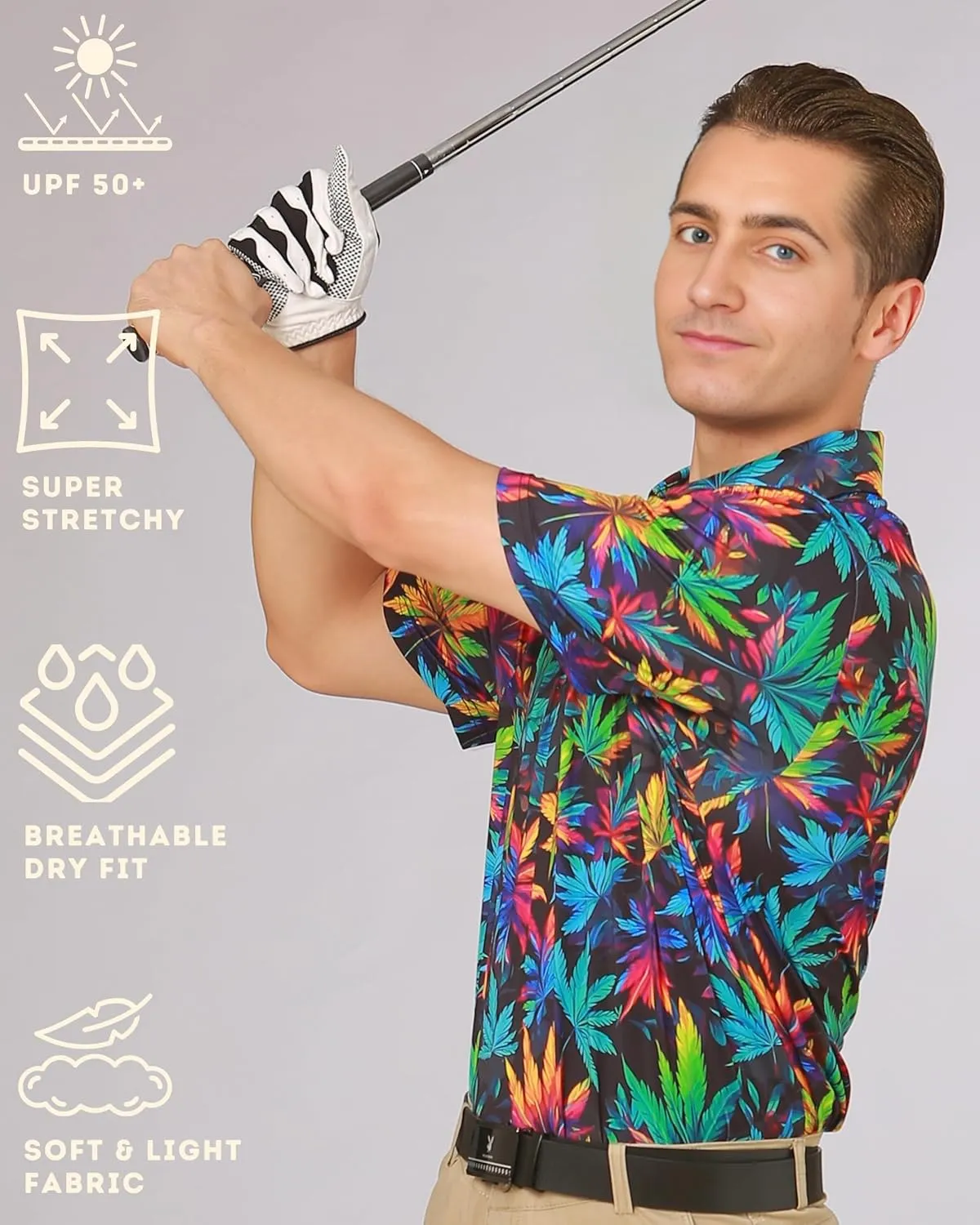 Fun Golf Shirts for Men- Mens Performance Dry-Fit Golf Polo  UPF 50  Sun Protection Funny Hawaiian Print Short Sleeve Shirt