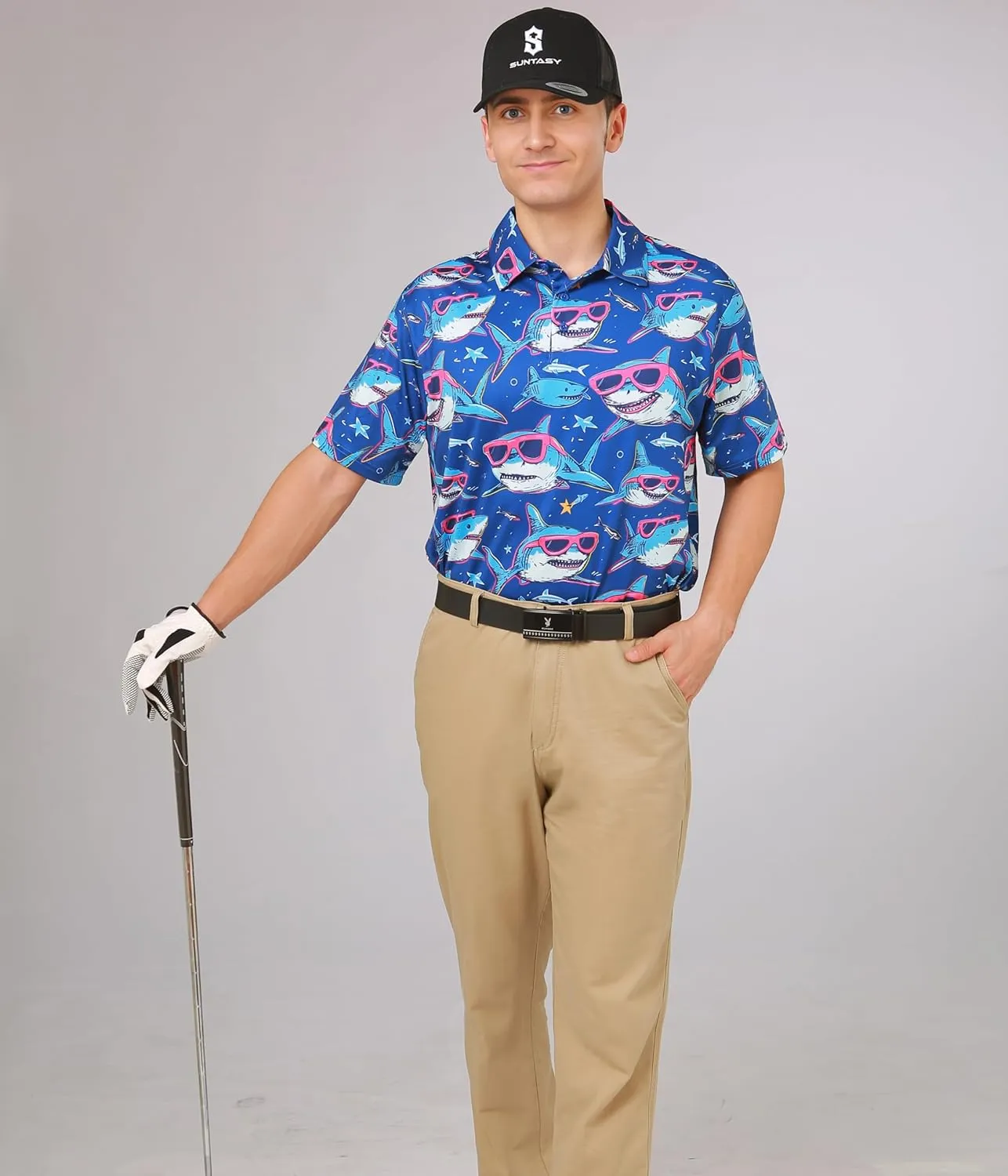 Fun Golf Shirts for Men- Mens Performance Dry-Fit Golf Polo  UPF 50  Sun Protection Funny Hawaiian Print Short Sleeve Shirt