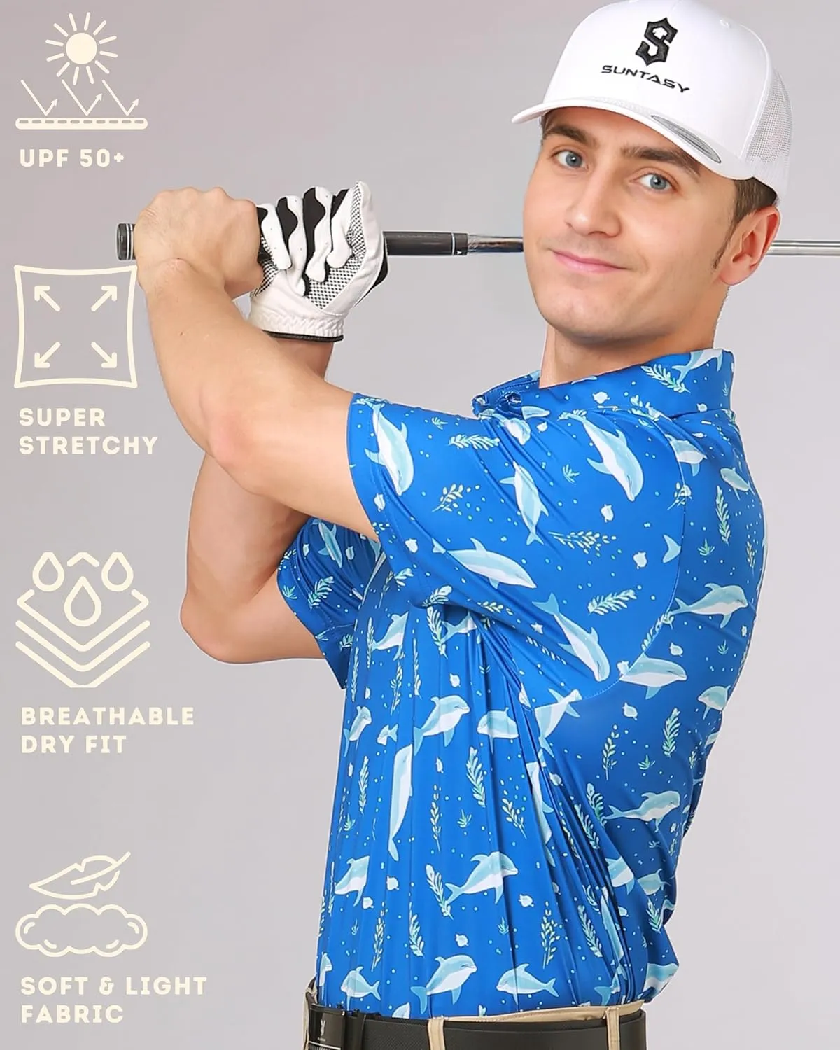 Fun Golf Shirts for Men- Mens Performance Dry-Fit Golf Polo  UPF 50  Sun Protection Funny Hawaiian Print Short Sleeve Shirt