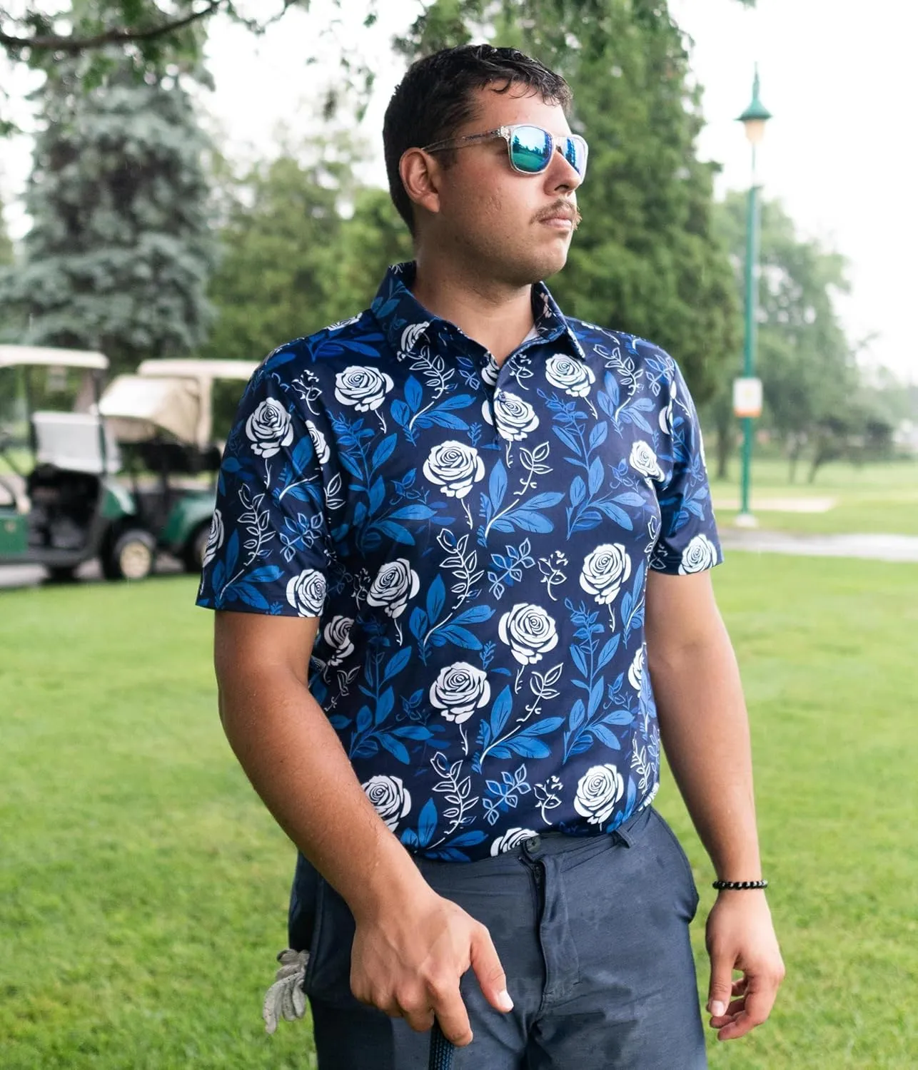 Fun Golf Shirts for Men- Mens Performance Dry-Fit Golf Polo  UPF 50  Sun Protection Funny Hawaiian Print Short Sleeve Shirt