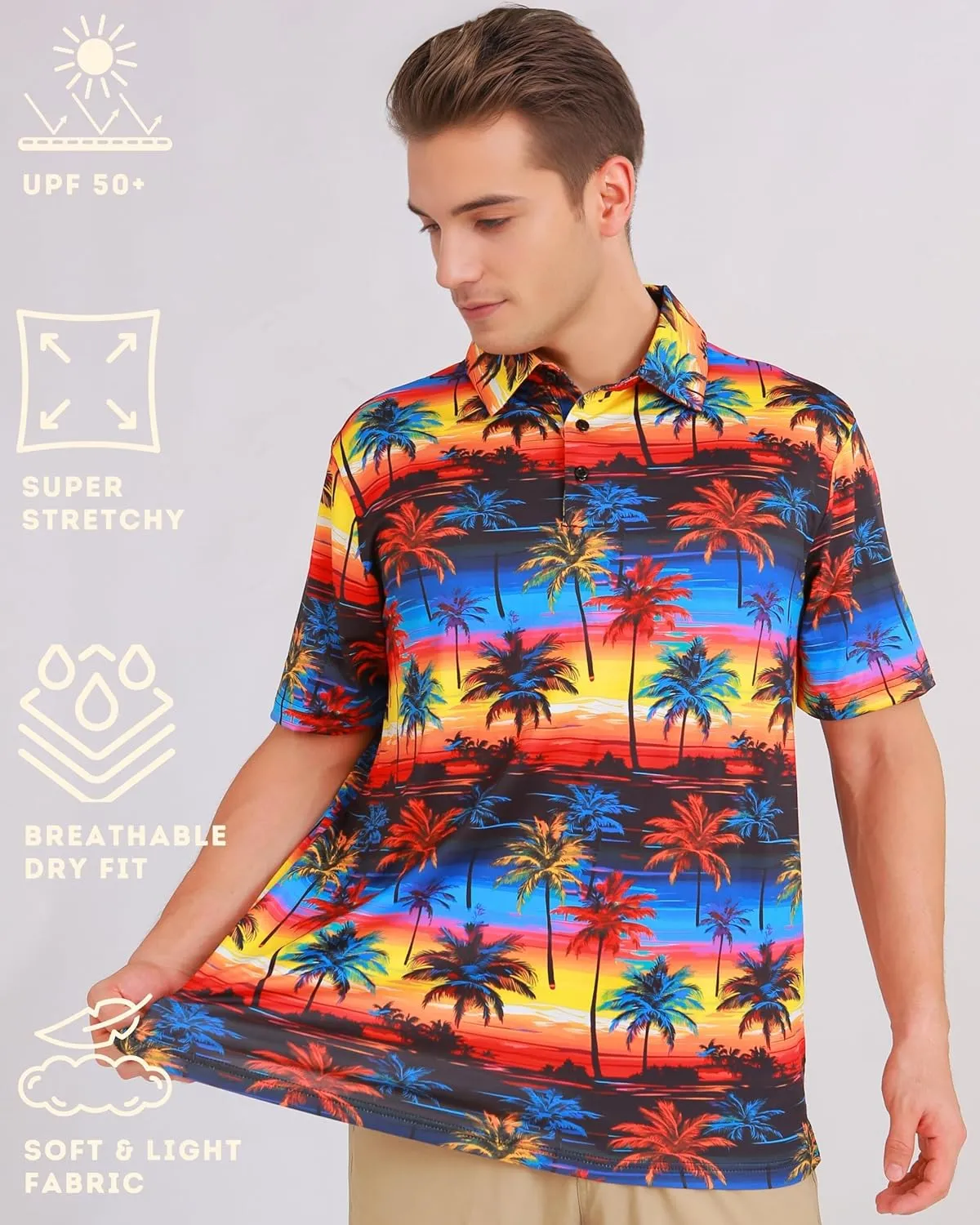 Fun Golf Shirts for Men- Mens Performance Dry-Fit Golf Polo  UPF 50  Sun Protection Funny Hawaiian Print Short Sleeve Shirt