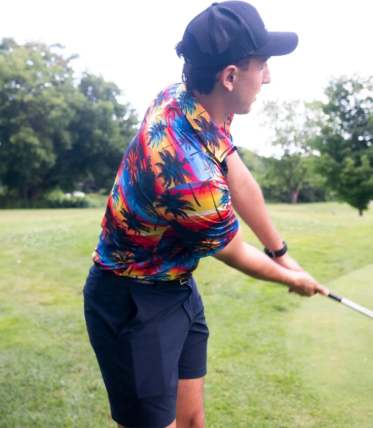 Fun Golf Shirts for Men- Mens Performance Dry-Fit Golf Polo  UPF 50  Sun Protection Funny Hawaiian Print Short Sleeve Shirt